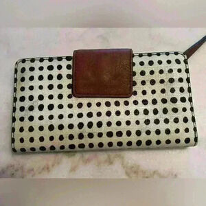 Fossil Polk Dot Color Block Cow Hide Leather Snap Button Closure Back Zip Wallet